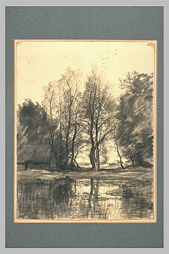 Masure au bord d'une mare entourée d'arbres