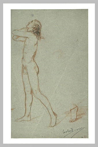 Homme nu, les bras croisés, les yeux au ciel, marchant à gauche