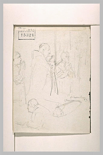 Prêtres en prières, femme mains jointes, et homme en buste