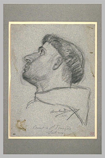 Tête de jeune franciscain, de profil à gauche, les yeux levés au ciel