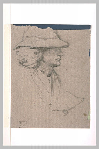 Tête coiffée d'un chapeau, de profil