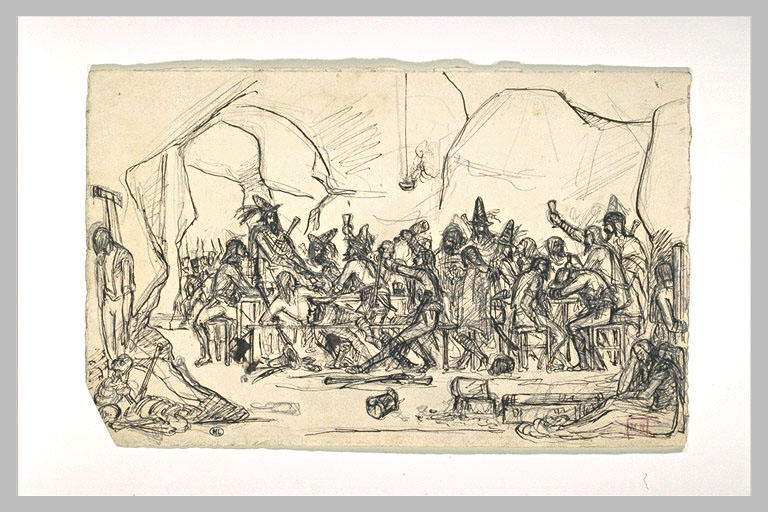 Ripaille de brigands, un pendu, et une femme assise sur le sol
