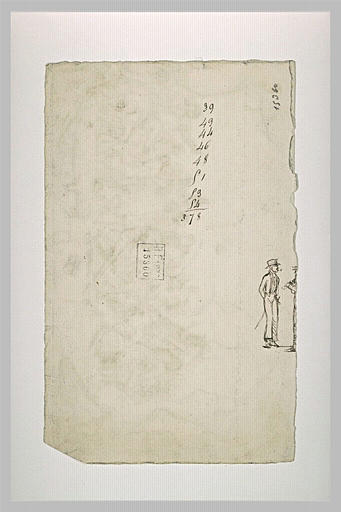 Annotations chiffrées et fragment d'un croquid de deux hommes debout