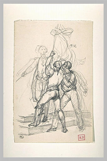 Trois hommes autour d'un drapeau