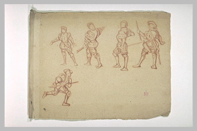 Cinq études de costumes militaires d'époque de la Renaissance