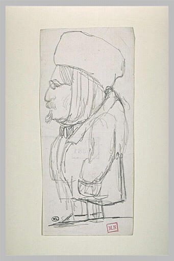 Caricature d'homme, vu de profil, un grand bonnet et un bandeau sur la tête