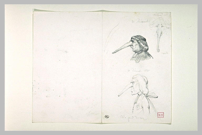 Trois caricatures : un éléphant (?), et deux hommes vus en buste de profil