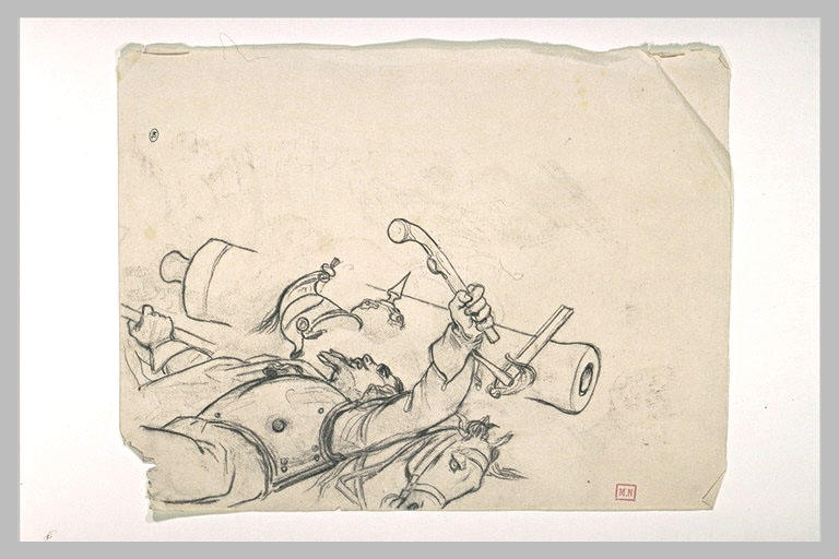 Cuirassier expirant sur son cheval et brandissant un pistolet