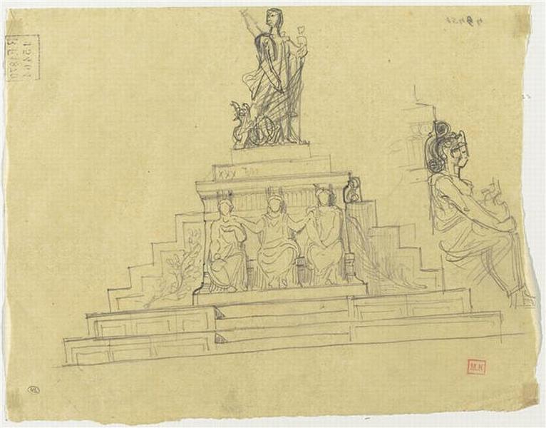 PROJET POUR LE MONUMENT A LAMARTINE (ELEVATION PRINCIPALE ET DETAIL DE PROFIL D'UNE FIGURE)