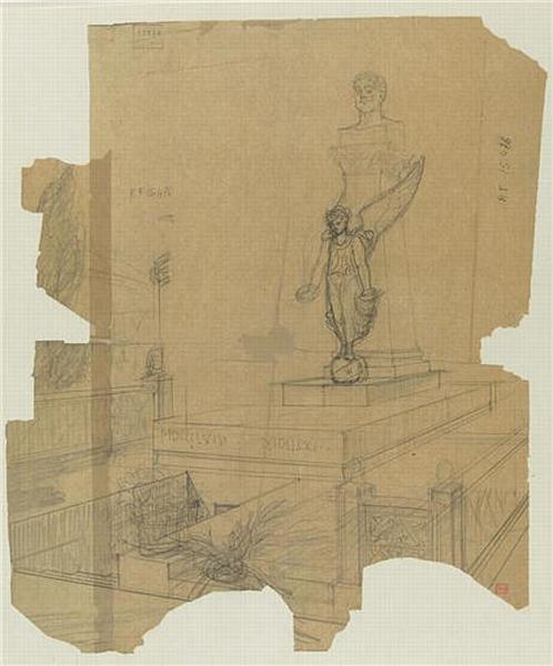 PROJET DE TOMBEAU AVEC BUSTE ET FIGURE AILEE TENANT DES COURONNES