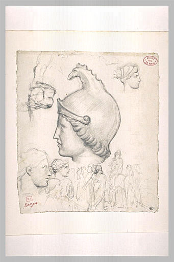 Tête casquée, profils, d'après l'antique, cheval et scène antique