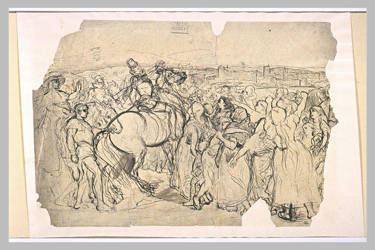 Cortège de femmes et d'enfants à la rencontre d'un seigneur à cheval