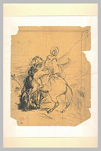 Oriental monté sur un cheval dont un homme tient la bride, se retournant