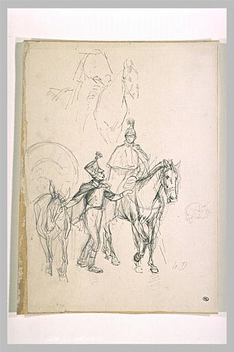 Fantassin tenant un mulet, attelé à une voiture, et cuirassier à cheval