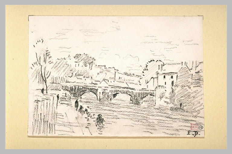 Rivière traversant une ville ; au second plan, un pont