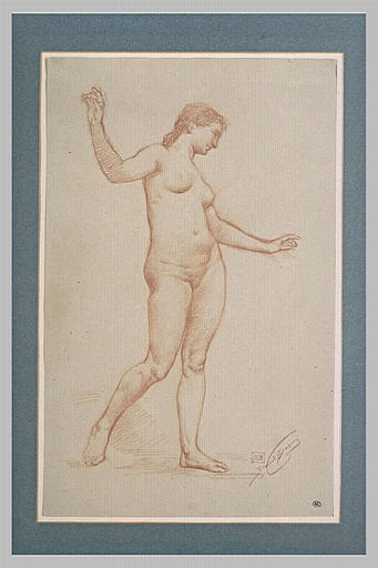 Femme nue, debout, de trois quarts à droite, marchant, les bras étendus
