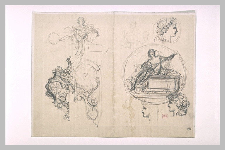 Feuille d'études : ornements, pendules, figures et médailles