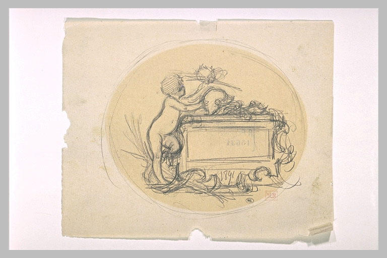 Amour déposant un casque sur un socle de pierre