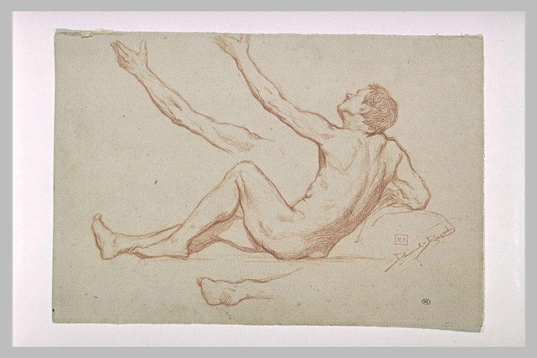 Homme, assis sur le sol, de dos ; reprise d'un bras et d'un pied