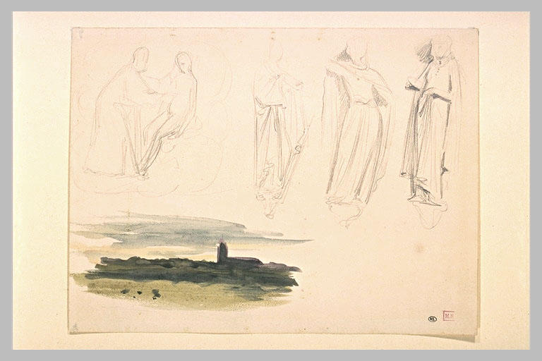 Etudes : deux figures, des statues, un paysage