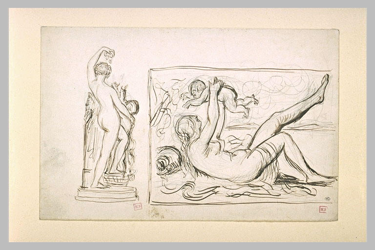 Projet de statue  et projet de bas-relief avec une femme tenant un enfant