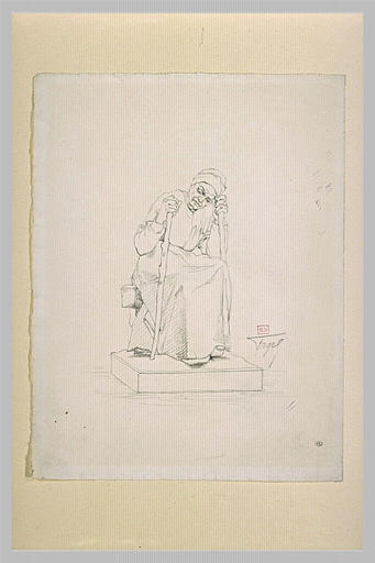 Projet de statue : vieille paysanne assise, s'appuyant sur des bâtons