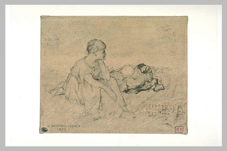 Femme assise dans l'herbe, près d'un homme endormi