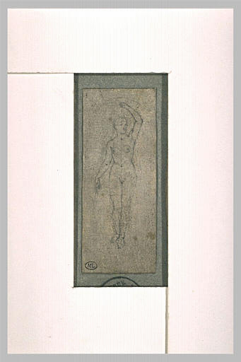 Femme nue, debout, levant le bras gauche