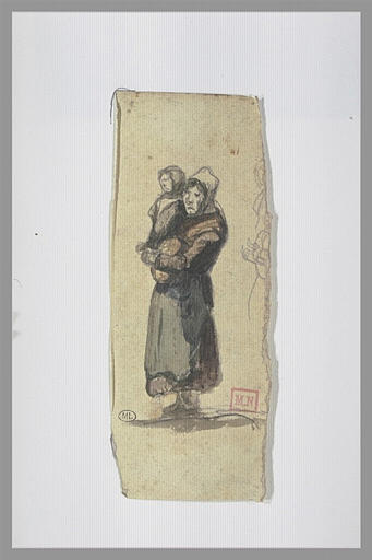 Paysanne, de trois quarts à gauche, portant un enfant ; fragment de croquis
