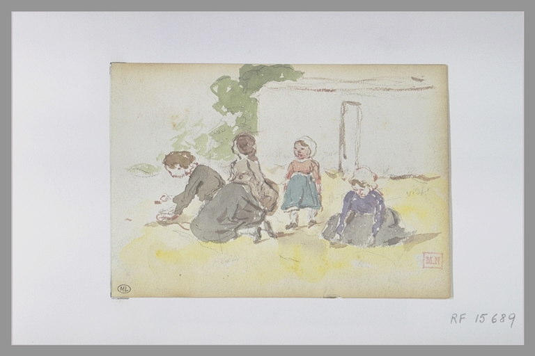 Deux femmes agenouillées, les mains sur le sol, et deux enfants