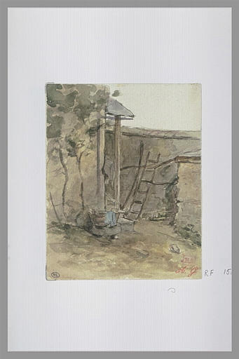 Cour de ferme (?) avec une étoffe bleue dans une bassine