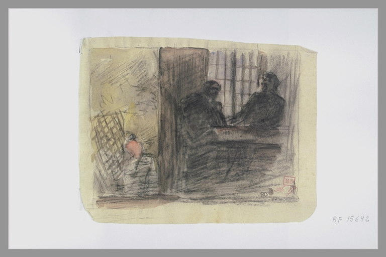 Deux hommes derrière un pupitre et une femme assise dans un jardin