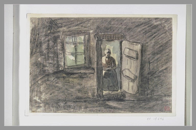 L'intérieur d'une chaumière avec une femme dans l'embrasure de la porte