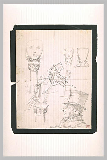 Etudes : deux caricatures, colonnes surmontées de masques