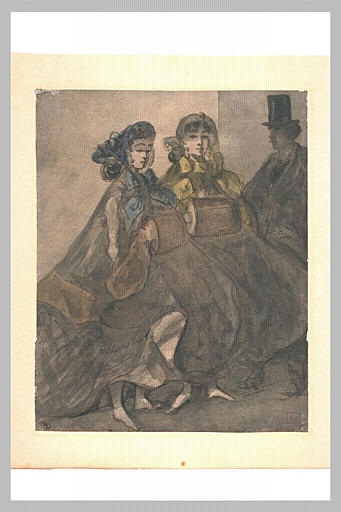 Deux femmes, debout, de trois quarts, les mains dans leurs manchons