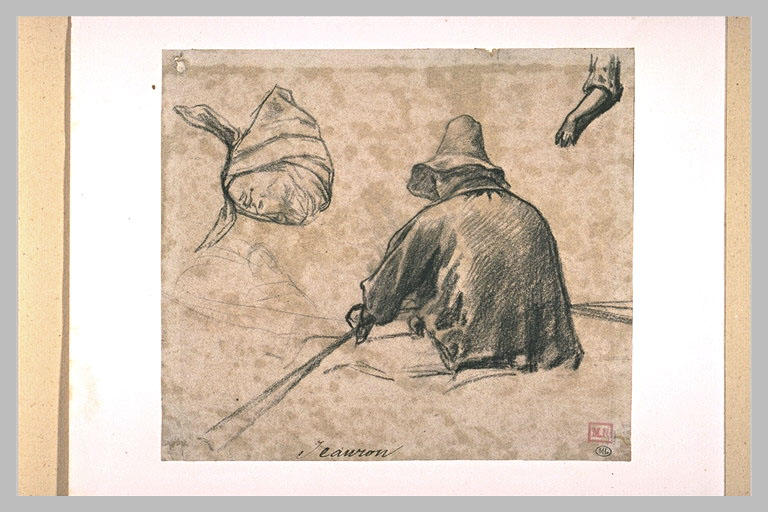 Etudes : tête d'une femme ; homme semblant ramer ; bras