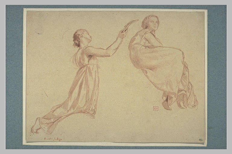 Femme agenouillée, tenant une palme, et autre femme assise