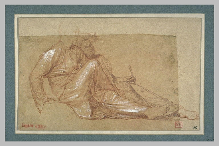 Homme et femme assis, vêtus à l'antique
