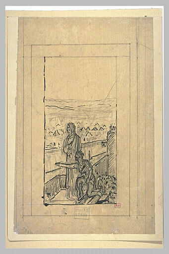 Femme debout sur un chemin de ronde, un homme agenouillé près d'elle