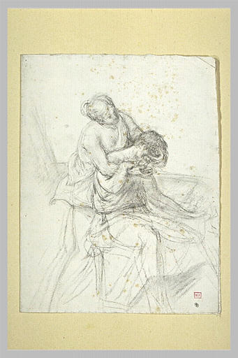 Femme enlaçant une autre figure, de dos
