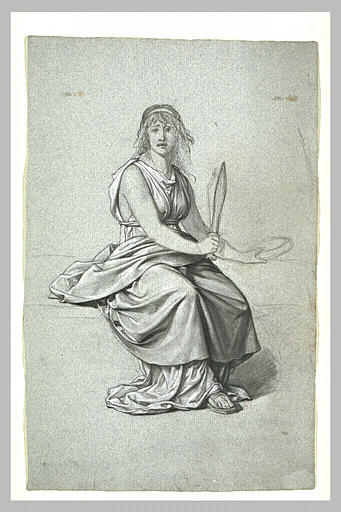 Femme, assise, vêtue à l'antique, tenant une couronne et un glaive