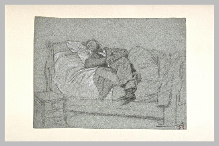 Homme en redingote, étendu sur un lit et dormant, les mains jointes