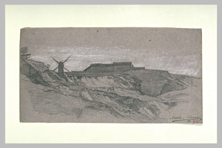 Vue d'un hameau dominant une plaine, avec un moulin