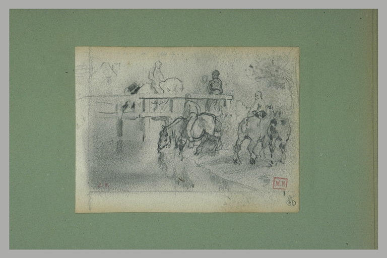 Hommes menant des chevaux boire à une rivière