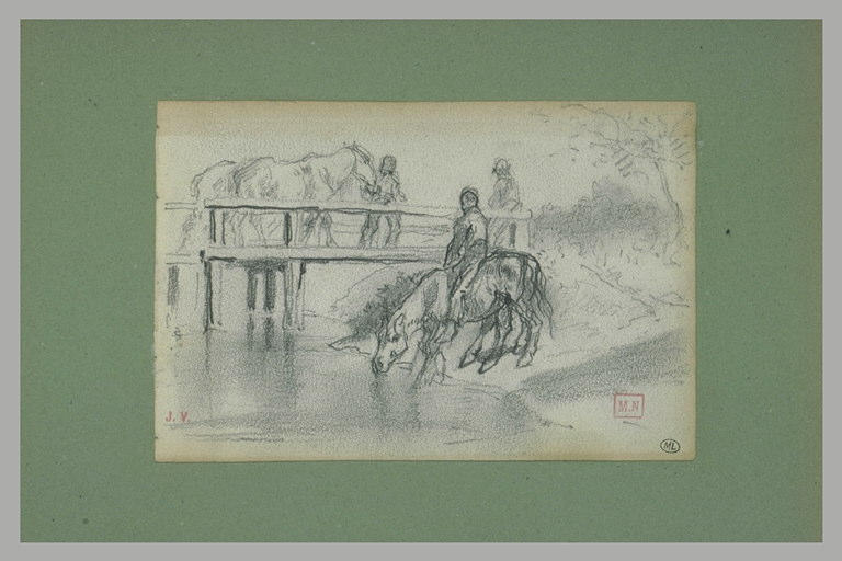 Homme, à cheval, menant boire sa monture au ruisseau