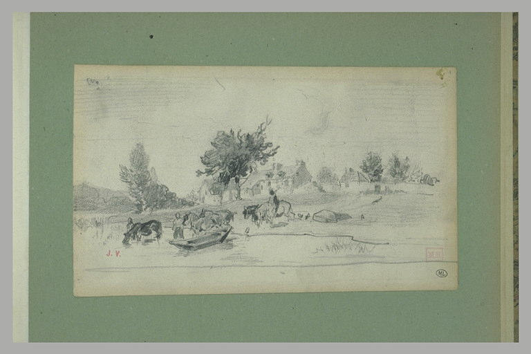 Hommes venant faire boire des chevaux à une mare