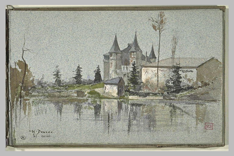 Château et bâtiment de ferme au bord d'une rivière