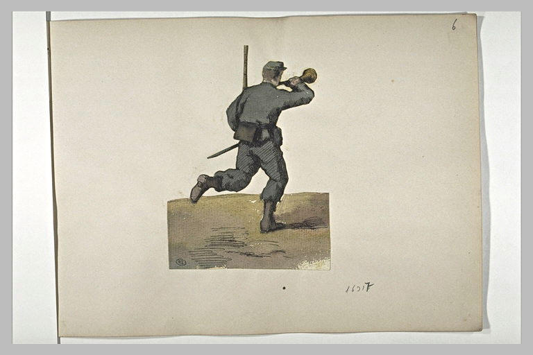 Chasseur à pied sonnant du clairon et courant, vu de dos