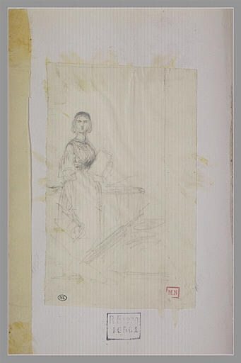 Jeune femme, debout, tenant de sa main gauche une feuille de papier