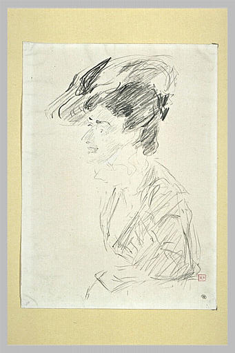 Jeune femme coiffée d'un chapeau, en buste, tournée vers la gauche